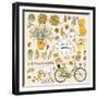 Romantic Garden Set with a Lot of Elements: Bicycle, Dog, Plants, Sheep, Birds, Rabbit, Watering Ca-smilewithjul-Framed Premium Giclee Print