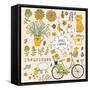 Romantic Garden Set with a Lot of Elements: Bicycle, Dog, Plants, Sheep, Birds, Rabbit, Watering Ca-smilewithjul-Framed Stretched Canvas