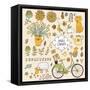 Romantic Garden Set with a Lot of Elements: Bicycle, Dog, Plants, Sheep, Birds, Rabbit, Watering Ca-smilewithjul-Framed Stretched Canvas