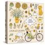 Romantic Garden Set with a Lot of Elements: Bicycle, Dog, Plants, Sheep, Birds, Rabbit, Watering Ca-smilewithjul-Stretched Canvas