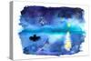 Romantic Starry Night Lake View with Full Moon and Couple in a Boat, Hand-Drawn Watercolor-Katerina Izotova Art Lab-Stretched Canvas