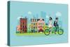 Romantic Vector Concept Illustration on Couple Going Outdoors Riding Bicycle. Young Adult Couple Ri-Mascha Tace-Stretched Canvas