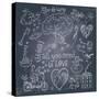 Romantic Vintage Set in Cartoon Style on Chalkboard Background. Couple of Lovers under the Tree And-smilewithjul-Stretched Canvas