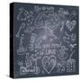 Romantic Vintage Set in Cartoon Style on Chalkboard Background. Couple of Lovers under the Tree And-smilewithjul-Stretched Canvas