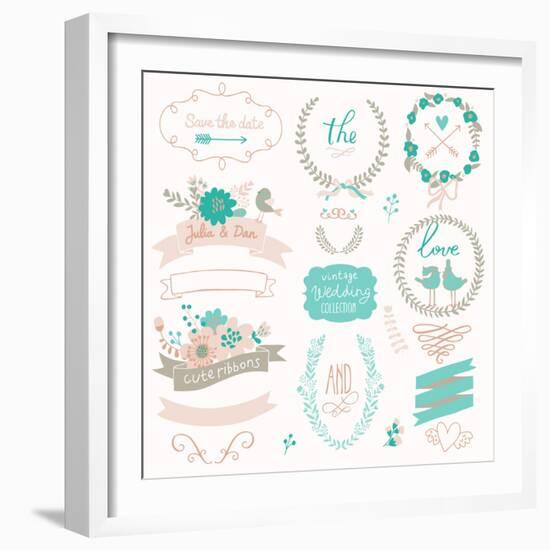 Romantic Wedding Set with Labels, Ribbons, Hearts, Flowers, Arrows, Wreaths, Laurel and Birds. Grap-smilewithjul-Framed Art Print