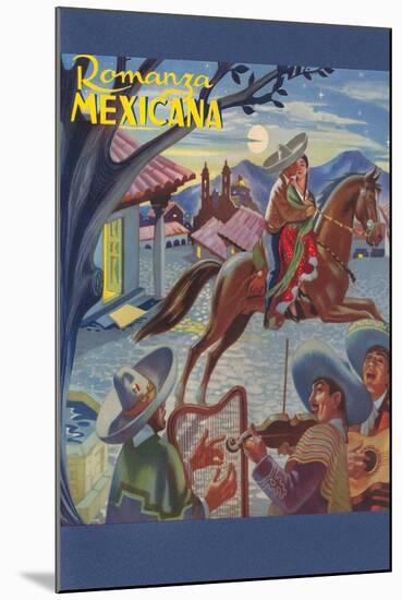 Romanza Mexicana Poster, Village Scene at Night-null-Mounted Art Print