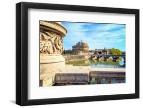 Rome, Italy. Castel Sant'Angelo and Ponte Sant'Angelo seen from Ponte Vittorio Emanuele II.-null-Framed Premium Photographic Print