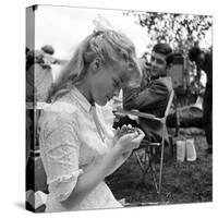 Romy Schneider and Jean-Claude Brialy on set of film Christine, 1958 (b/w photo)-null-Stretched Canvas