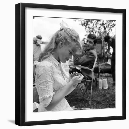 Romy Schneider and Jean-Claude Brialy on set of film Christine, 1958 (b/w photo)-null-Framed Photo