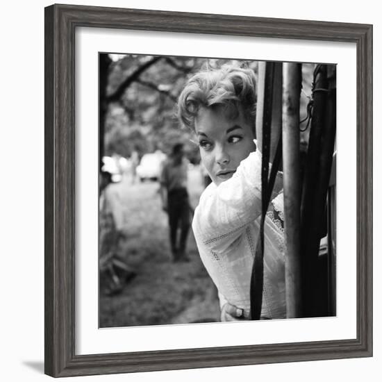 Romy Schneider on set of film Christine, 1958 (b/w photo)-null-Framed Photo