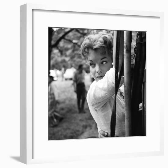 Romy Schneider on set of film Christine, 1958 (b/w photo)-null-Framed Photo