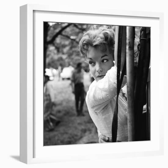 Romy Schneider on set of film Christine, 1958 (b/w photo)-null-Framed Photo