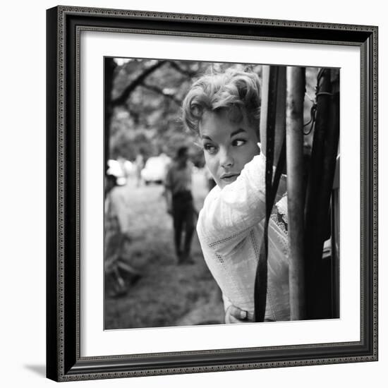 Romy Schneider on set of film Christine, 1958 (b/w photo)-null-Framed Photo