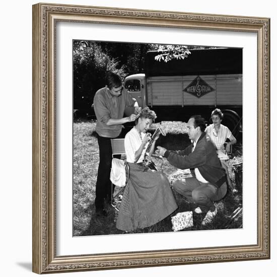 Romy Schneider on set of film Christine, 1958 (b/w photo)-null-Framed Photo