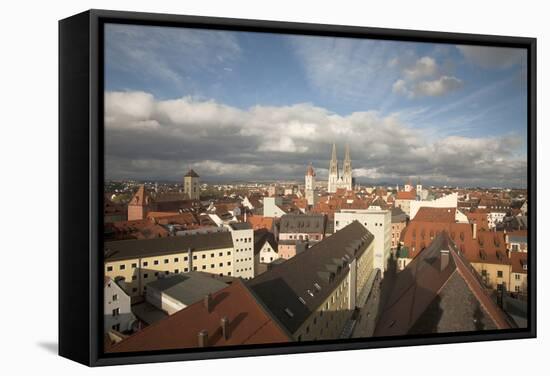 Roof Top View of Old Town Regensburg, Germany-Dave Bartruff-Framed Stretched Canvas