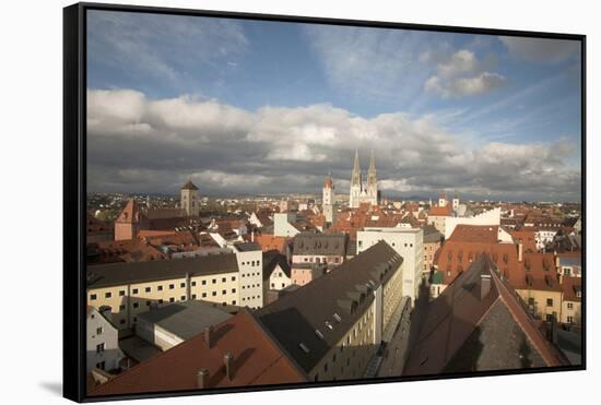 Roof Top View of Old Town Regensburg, Germany-Dave Bartruff-Framed Stretched Canvas