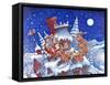 Roof with Santa in Sleigh Pulled by Reindeer at Night in Winterchristmas-Bill Bell-Framed Stretched Canvas