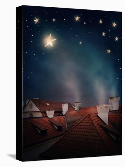 Rooftops and Night Sky with Stars-egal-Stretched Canvas