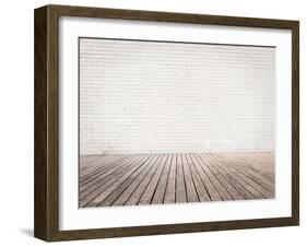 Room with White Bricks Wall and Wood Floor-xavigm-Framed Photographic Print