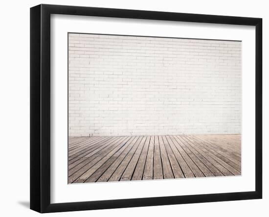 Room with White Bricks Wall and Wood Floor-xavigm-Framed Photographic Print