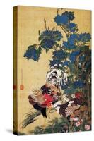 Rooster, Hen and Hydrangea-Jakuchu Ito-Stretched Canvas