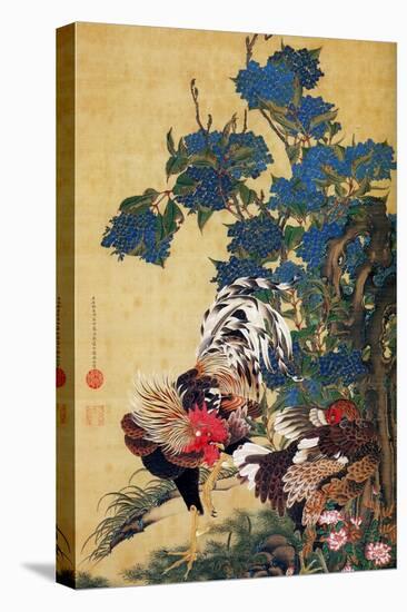 Rooster, Hen and Hydrangea-Jakuchu Ito-Stretched Canvas