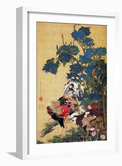 Rooster, Hen and Hydrangea-Jakuchu Ito-Framed Giclee Print