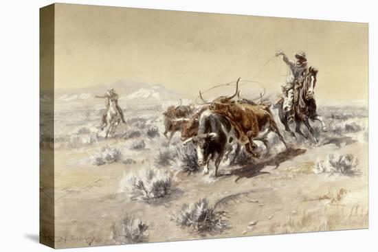 Roping the Longhorns-Charles Marion Russell-Stretched Canvas