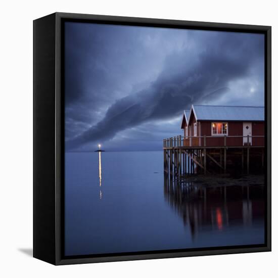 Rorbuer on Stilts at Dusk with Lighthouse, Lofoten Islands, Norway, Scandinavia, Europe-Purcell-Holmes-Framed Stretched Canvas