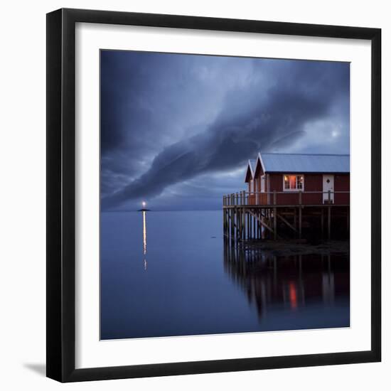 Rorbuer on Stilts at Dusk with Lighthouse, Lofoten Islands, Norway, Scandinavia, Europe-Purcell-Holmes-Framed Premium Photographic Print