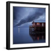 Rorbuer on Stilts at Dusk with Lighthouse, Lofoten Islands, Norway, Scandinavia, Europe-Purcell-Holmes-Framed Photographic Print