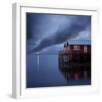 Rorbuer on Stilts at Dusk with Lighthouse, Lofoten Islands, Norway, Scandinavia, Europe-Purcell-Holmes-Framed Photographic Print