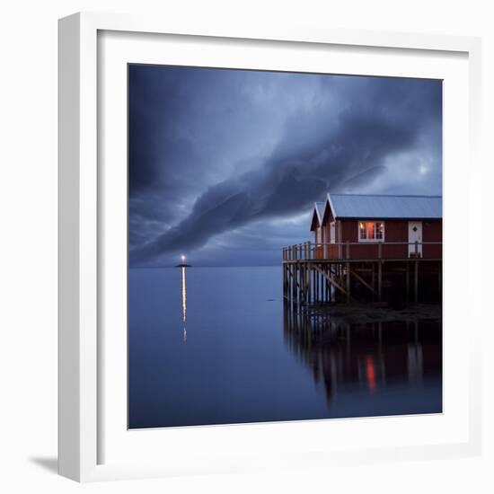 Rorbuer on Stilts at Dusk with Lighthouse, Lofoten Islands, Norway, Scandinavia, Europe-Purcell-Holmes-Framed Photographic Print