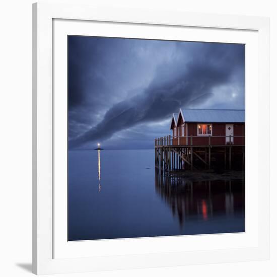 Rorbuer on Stilts at Dusk with Lighthouse, Lofoten Islands, Norway, Scandinavia, Europe-Purcell-Holmes-Framed Photographic Print