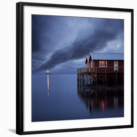 Rorbuer on Stilts at Dusk with Lighthouse, Lofoten Islands, Norway, Scandinavia, Europe-Purcell-Holmes-Framed Photographic Print