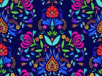 Seamless Floral Folk Pattern. Slavic European Style, Bright Colors, Dark Background. Decorative Flo-rosapompelmo-Art Print