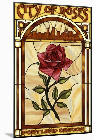 Rose and Skyline Stained Glass - Portland, Oregon-Lantern Press-Mounted Art Print