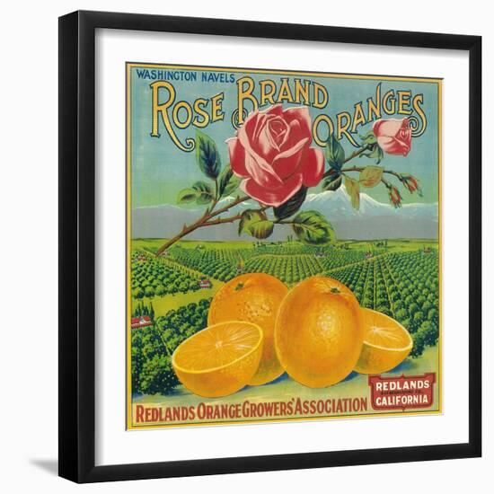 Rose Orange Label - Redlands, CA-Lantern Press-Framed Art Print