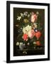 Rose, Tulip, Morning Glory and Other Flowers in a Glass Vase on a Stone Ledge-Nicolaes van Veerendael-Framed Giclee Print