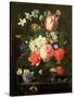 Rose, Tulip, Morning Glory and Other Flowers in a Glass Vase on a Stone Ledge-Nicolaes van Veerendael-Stretched Canvas