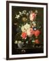 Rose, Tulip, Morning Glory and Other Flowers in a Glass Vase on a Stone Ledge-Nicolaes van Veerendael-Framed Giclee Print