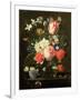 Rose, Tulip, Morning Glory and Other Flowers in a Glass Vase on a Stone Ledge-Nicolaes van Veerendael-Framed Giclee Print