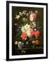 Rose, Tulip, Morning Glory and Other Flowers in a Glass Vase on a Stone Ledge-Nicolaes van Veerendael-Framed Giclee Print