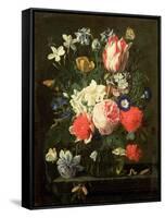 Rose, Tulip, Morning Glory and Other Flowers in a Glass Vase on a Stone Ledge-Nicolaes van Veerendael-Framed Stretched Canvas