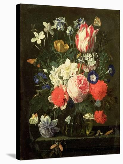 Rose, Tulip, Morning Glory and Other Flowers in a Glass Vase on a Stone Ledge-Nicolaes van Veerendael-Stretched Canvas