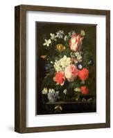 Rose, Tulip, Morning Glory and Other Flowers in a Glass Vase on a Stone Ledge-Nicolaes van Veerendael-Framed Giclee Print