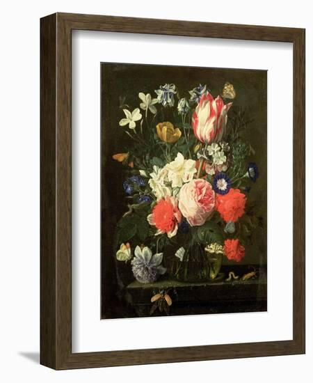 Rose, Tulip, Morning Glory and Other Flowers in a Glass Vase on a Stone Ledge-Nicolaes van Veerendael-Framed Giclee Print