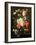 Rose, Tulip, Morning Glory and Other Flowers in a Glass Vase on a Stone Ledge-Nicolaes van Veerendael-Framed Giclee Print