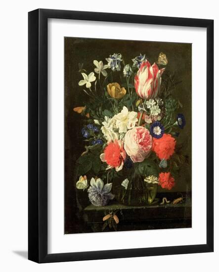 Rose, Tulip, Morning Glory and Other Flowers in a Glass Vase on a Stone Ledge-Nicolaes van Veerendael-Framed Giclee Print