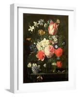 Rose, Tulip, Morning Glory and Other Flowers in a Glass Vase on a Stone Ledge-Nicolaes van Veerendael-Framed Giclee Print